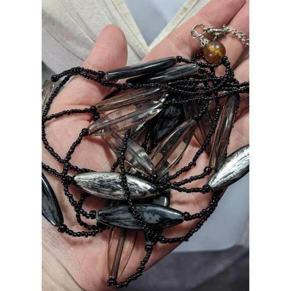 Modern Black Glass And Smoky Grey Beaded Layered Necklace - Picture 5 of 6